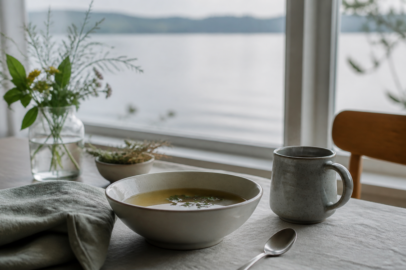 Ruhiger Frühstückstisch mit klarer Brühe und Kräutertee als Sinnbild der Bodensee-Fastentradition